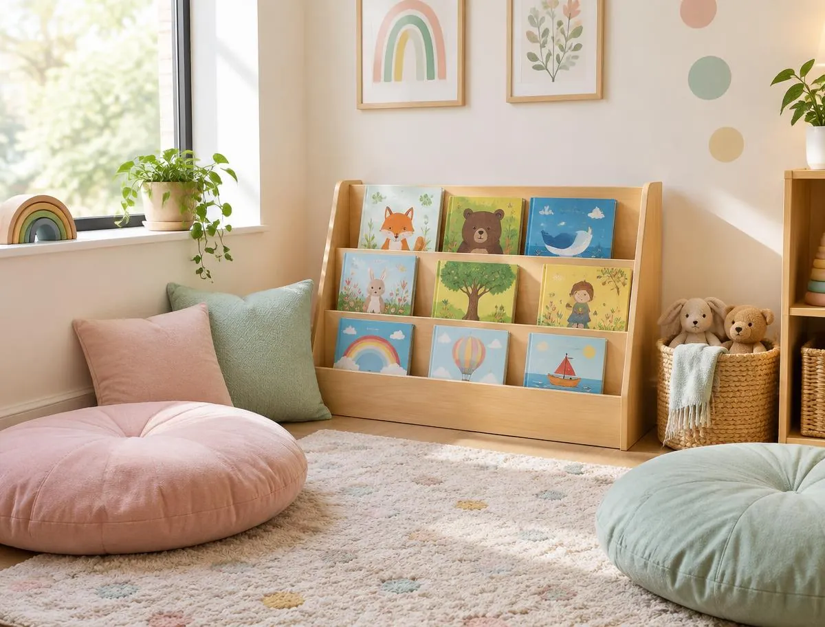 Cosy story corner with picture books on a low wooden shelf and soft floor cushions