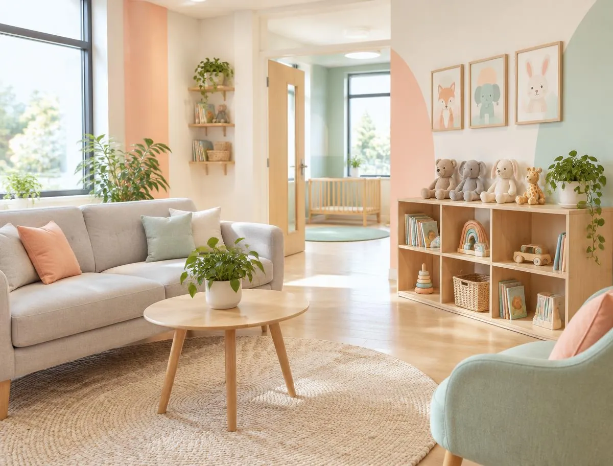 Welcoming reception area with a soft sofa, plants and a shelf of soft toys