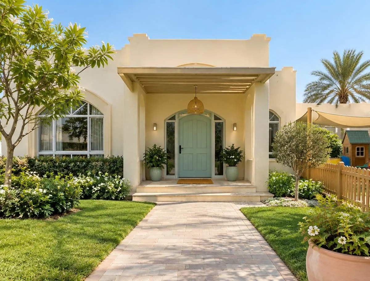 Sunny villa-style building entrance with a mint-green door, plants and a paved path