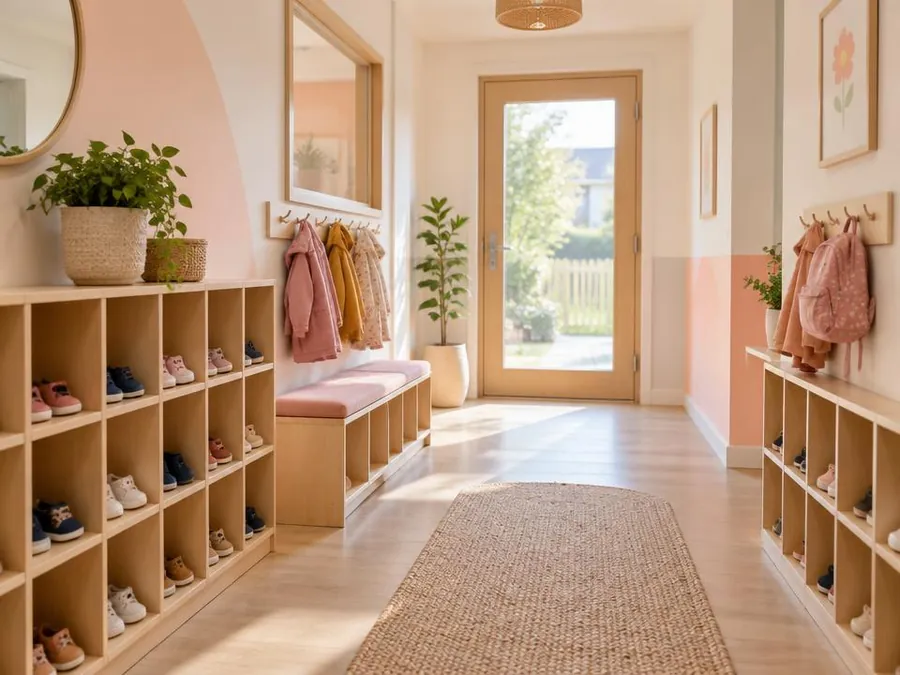 Welcoming entrance hallway with small wooden cubbies for children's shoes, coat hooks and a soft bench
