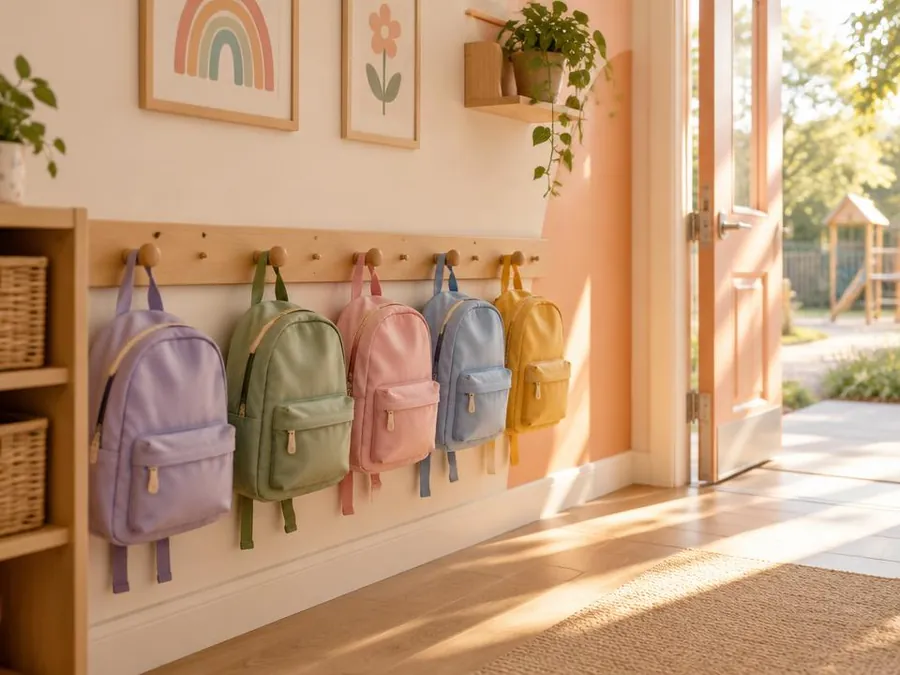 Small pastel backpacks hanging on wooden hooks beside a sunny doorway