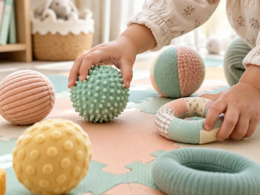 A child's hands playing with soft sensory balls and rings on a play mat