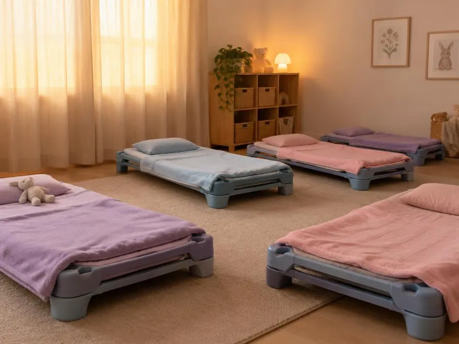 Calm nap room with low children's cots, soft blankets and dim warm light