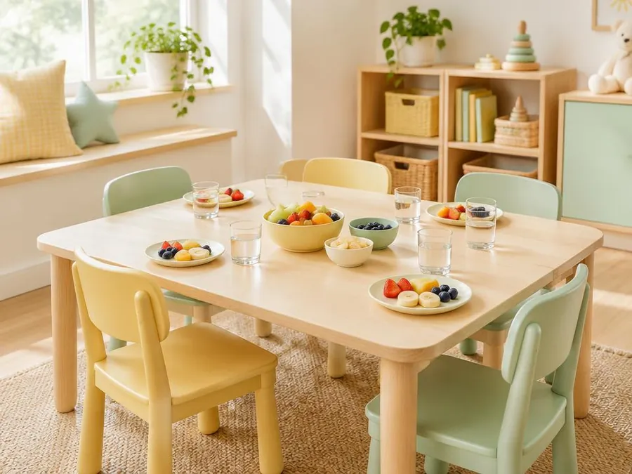 Low snack table with small chairs, plates of sliced fruit and cups of water