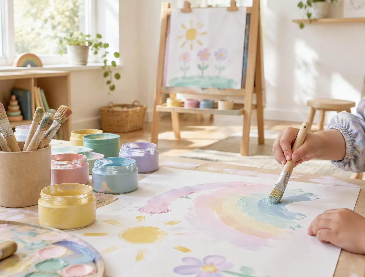 Art corner with pots of pastel paint and brushes, a child's hand painting a rainbow