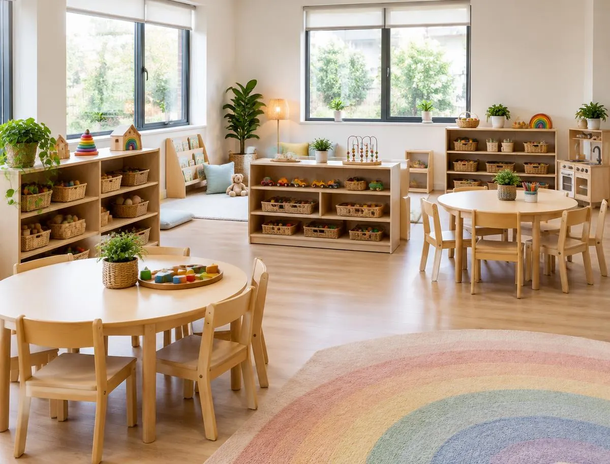 Bright early-years classroom with low wooden shelves, toy baskets, small tables and a rainbow rug