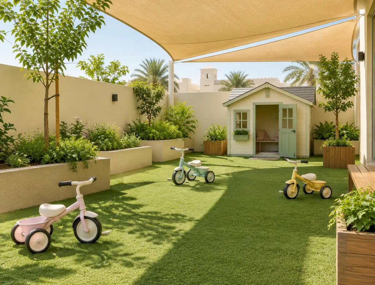 Shaded garden with artificial grass, small tricycles, planters and a playhouse