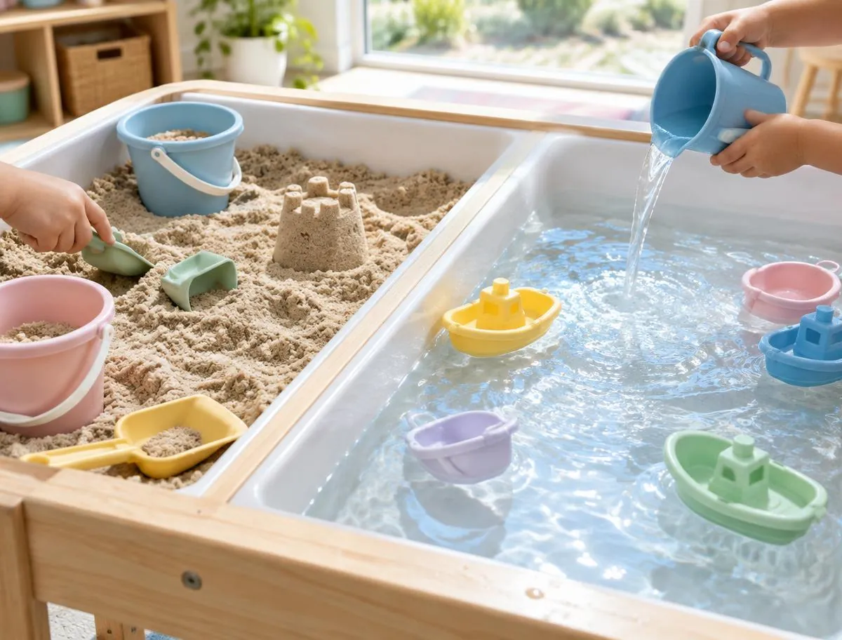 Sand and water play table with small buckets, scoops and toy boats, a child's hands pouring water