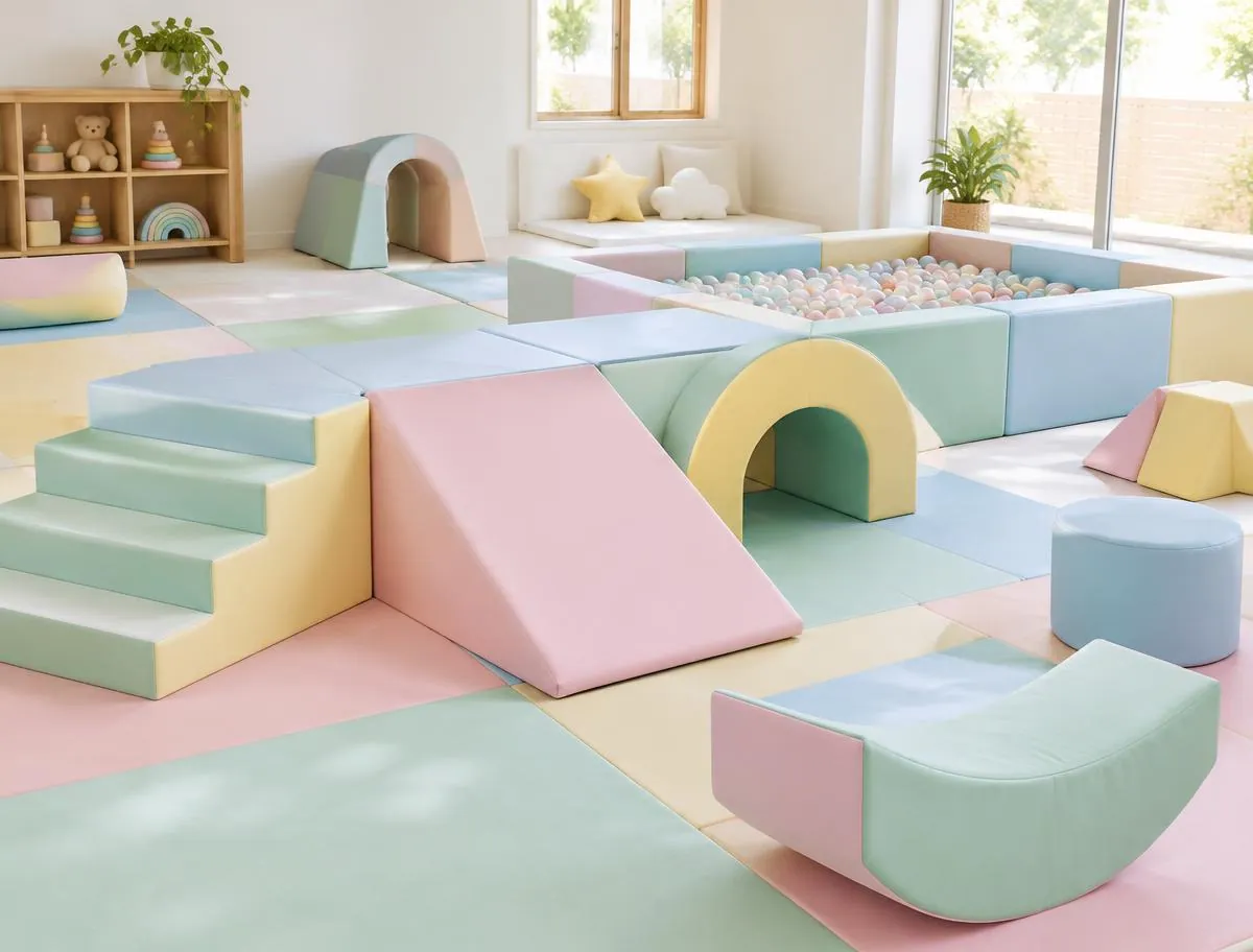 Indoor soft play area with foam steps, ramps, arches and a ball pit
