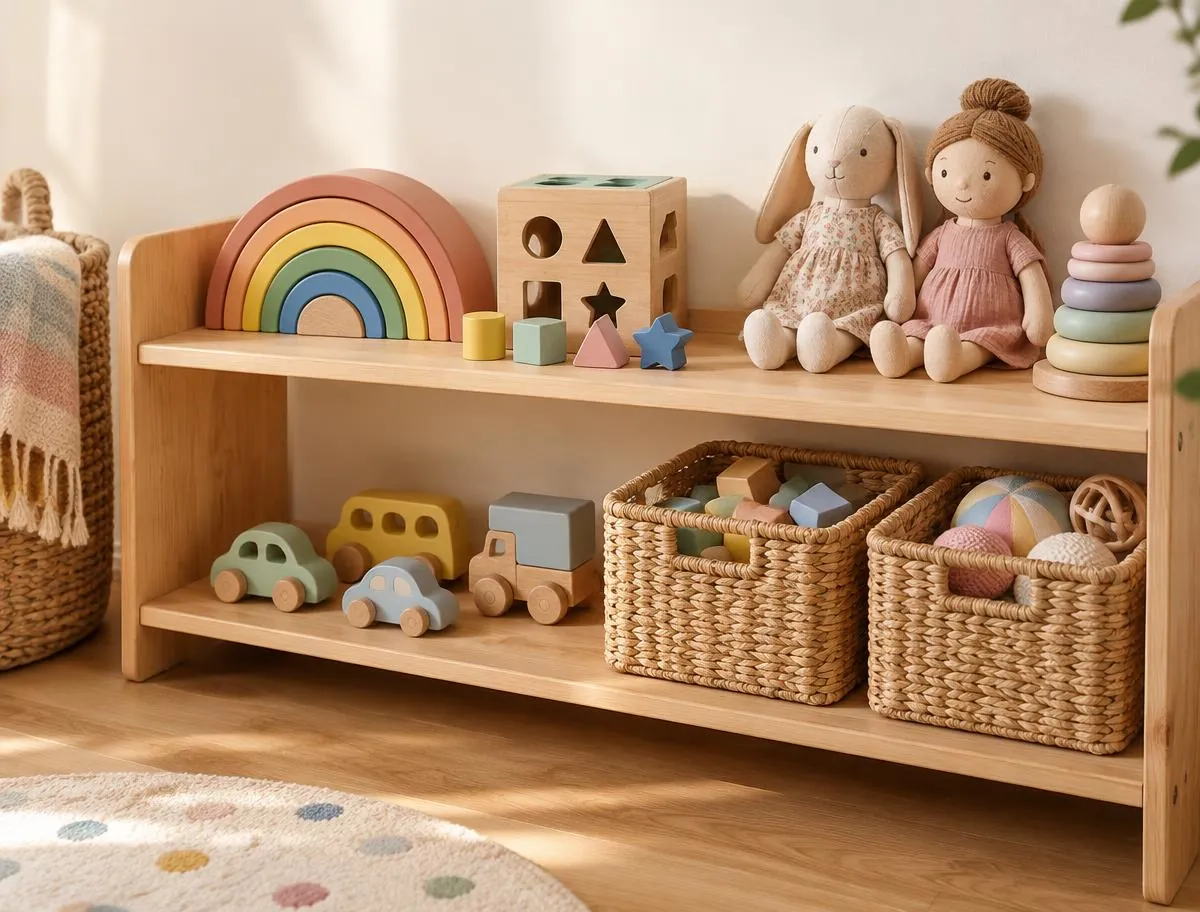 Wooden toy shelf with a stacking rainbow, shape sorter, dolls and wooden cars