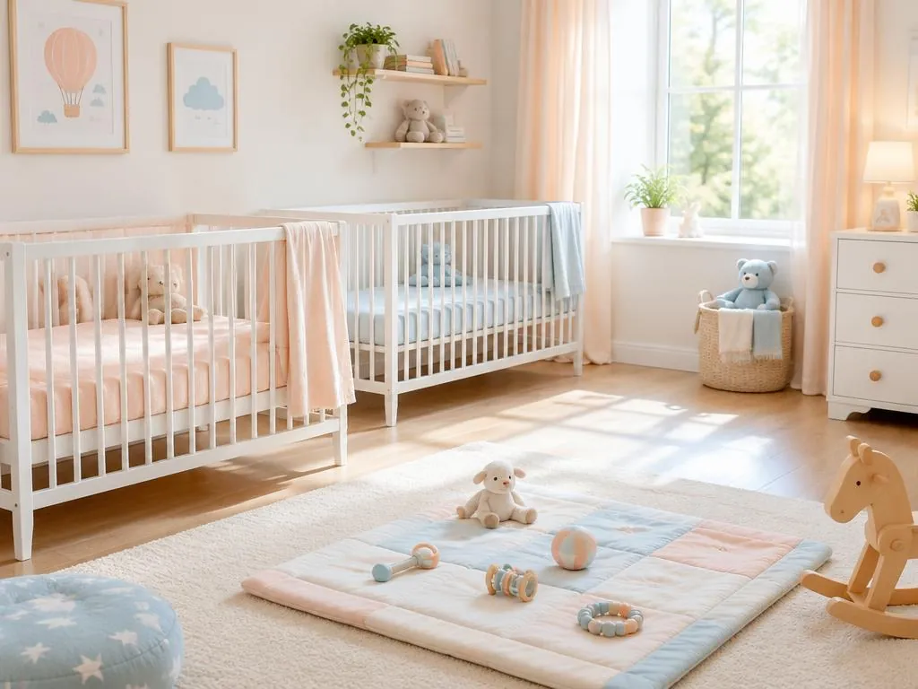 Baby room with white cribs and a soft play mat with rattles and soft toys