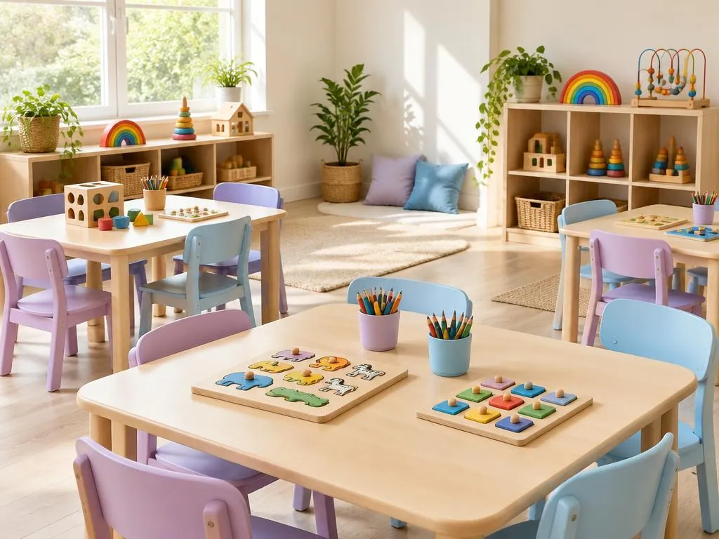 Pre-school learning area with small tables, pastel chairs, wooden puzzles and crayons