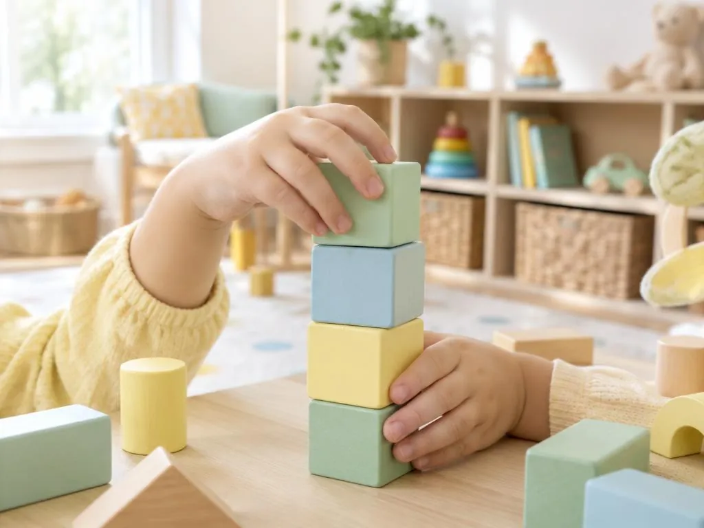 A toddler's small hands stacking colourful wooden blocks on a low table